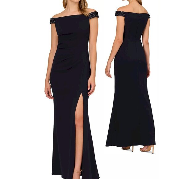 Adrianna Papell Navy Beaded-Trim Off-The-Shoulder Gown Size 16 New NWT